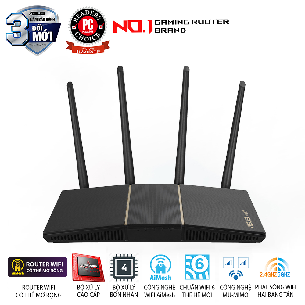 Bộ ph&#225;t wifi 6 Asus RT-AX57 (Chuẩn AX/ AX3000Mbps/ 4 Ăng-ten ngo&#224;i/ Wifi Mesh/ 45User) | 1124P