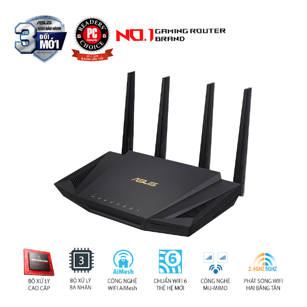 Bộ ph&#225;t wifi 6 Asus RT-AX58U (Chuẩn AX/ AX3000Mbps/ 4 Ăng-ten ngo&#224;i/ Wifi Mesh/ 45User) |1124P